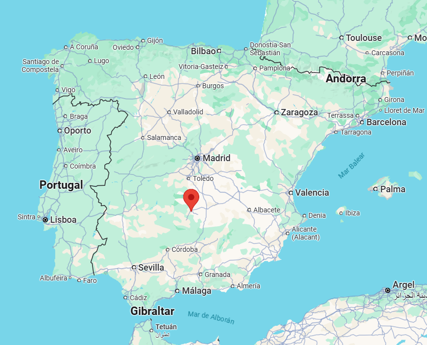 Map of Spain with a pin at Ciudad Real